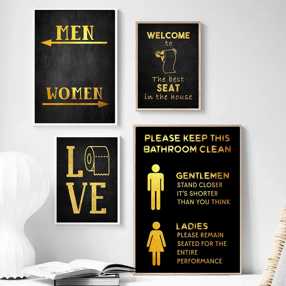 Toilet Funny Posters Black Gold Bathroom Rules Humour Pictures Print Toilet Sign Wall Art Canvas Painting 5 Star Bathroom Decor