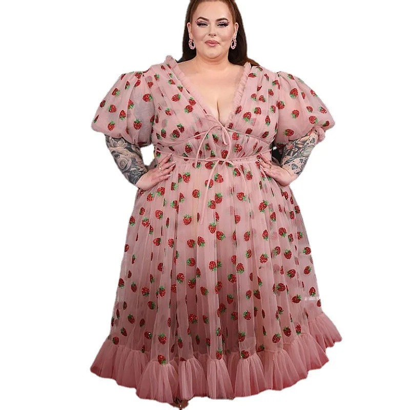 Sexy V-neck Pink Dress Women Elegant Long Sleeve Strawberry Sequin Sweet Mesh Dress 2021 Summer Ruffles Midi Plus Size Dress