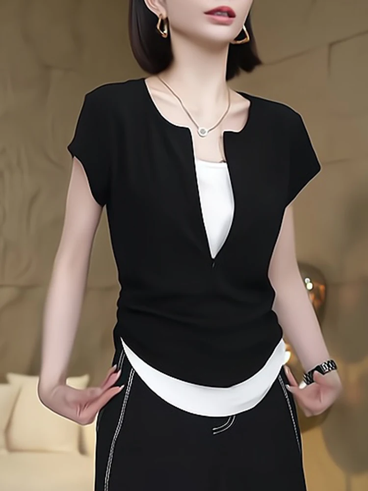 

Повседневная женская футболка с цветными блоками, летняя, приталенная, с драпировкой, удобная для повседневной носки, с коротким рукавом, V-образным вырезом, в корейском стиле