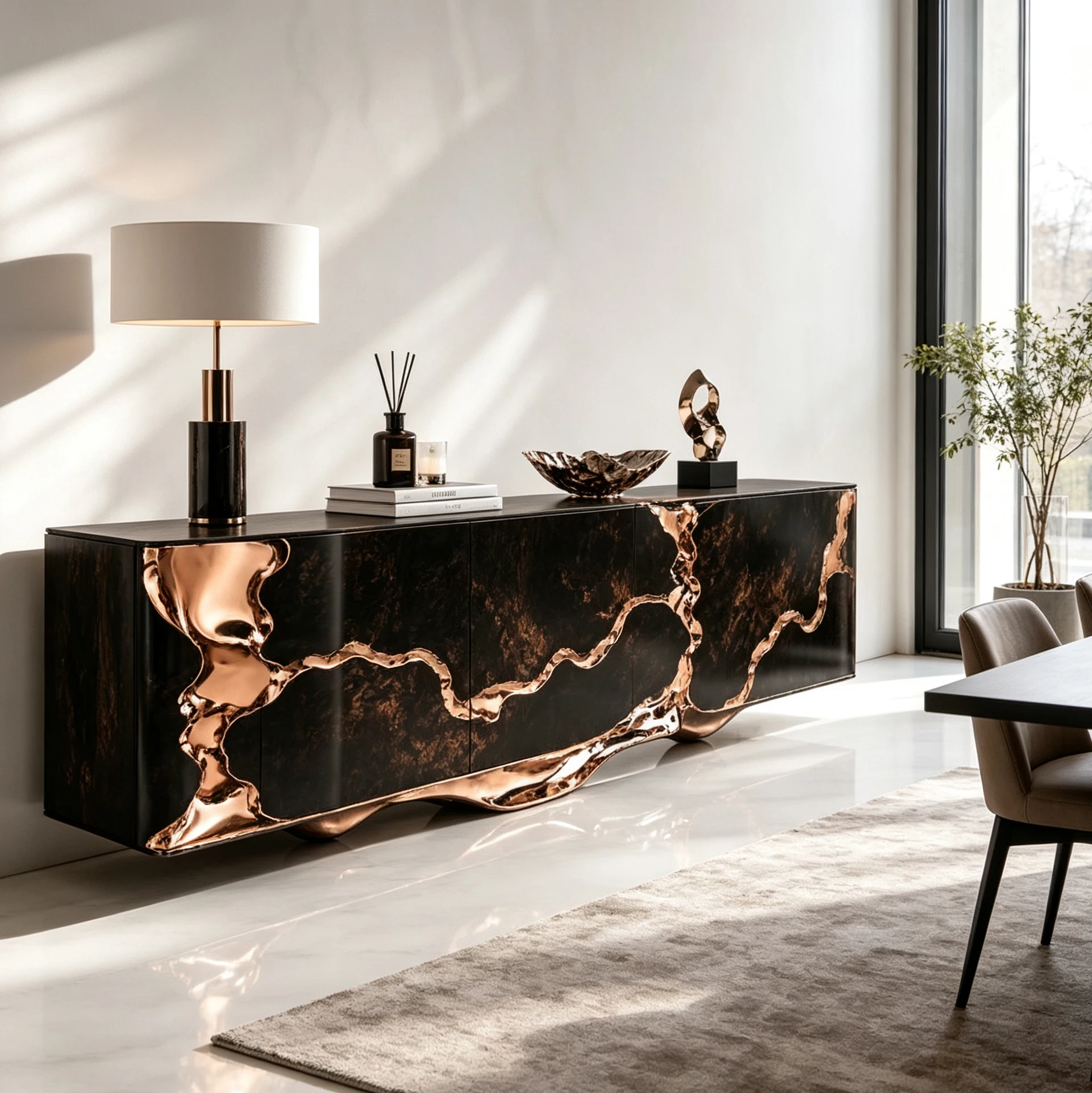 Y*-Molten Bronze Sculpted Dark Textured Sideboard Fiberglass Reinforced Frame for Modern Luxury