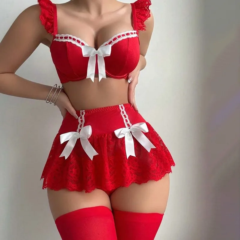 

French Maid Costume Sexy Lingerie Set Women Red Lace Bow Bra Set with G-String Skirts Erotic Underwear Set for Women Erotic Sets