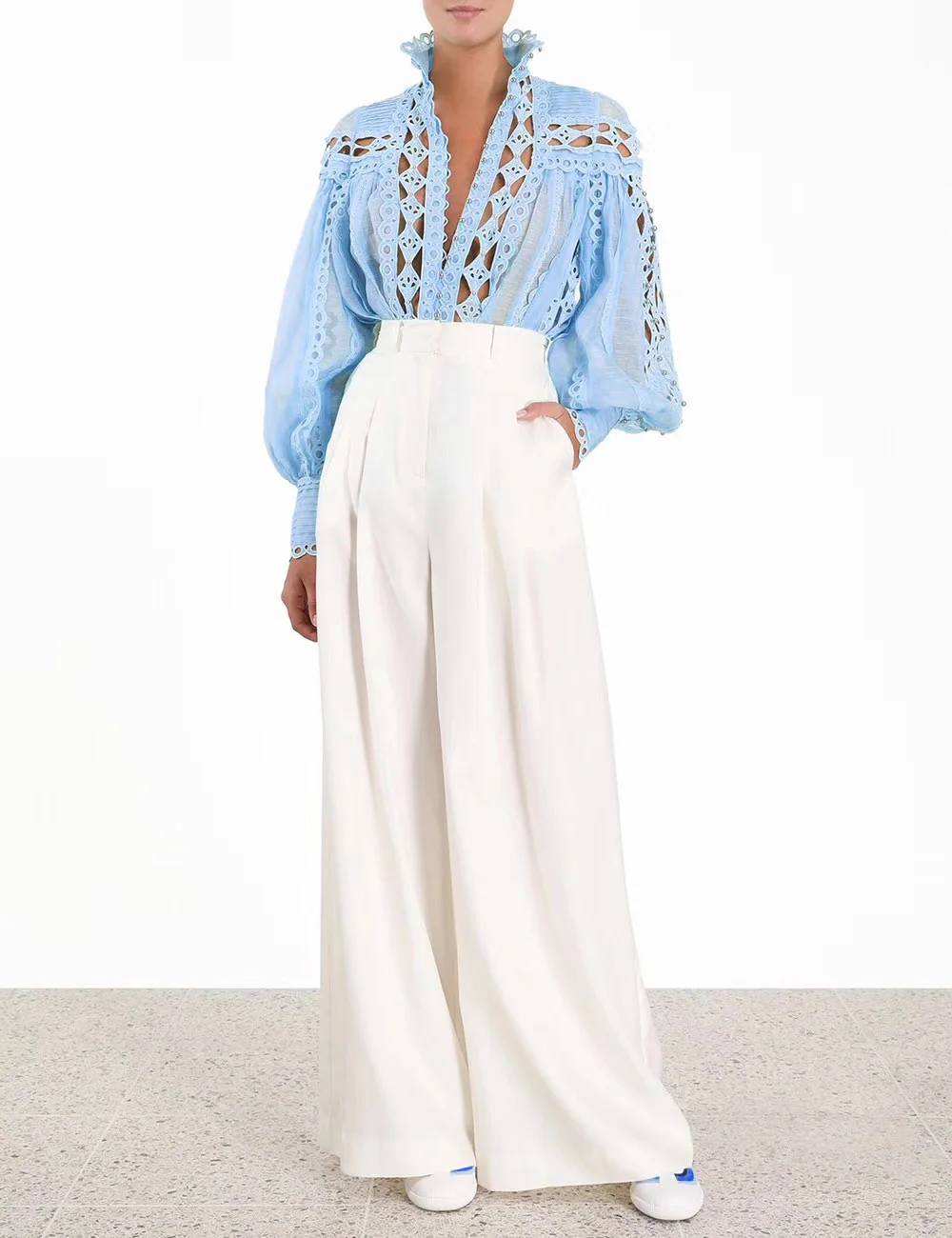 

White Linen Silk 2025 New Beading High Quality Hollow Out Full Sleeve Women Blue All-matching Blouse
