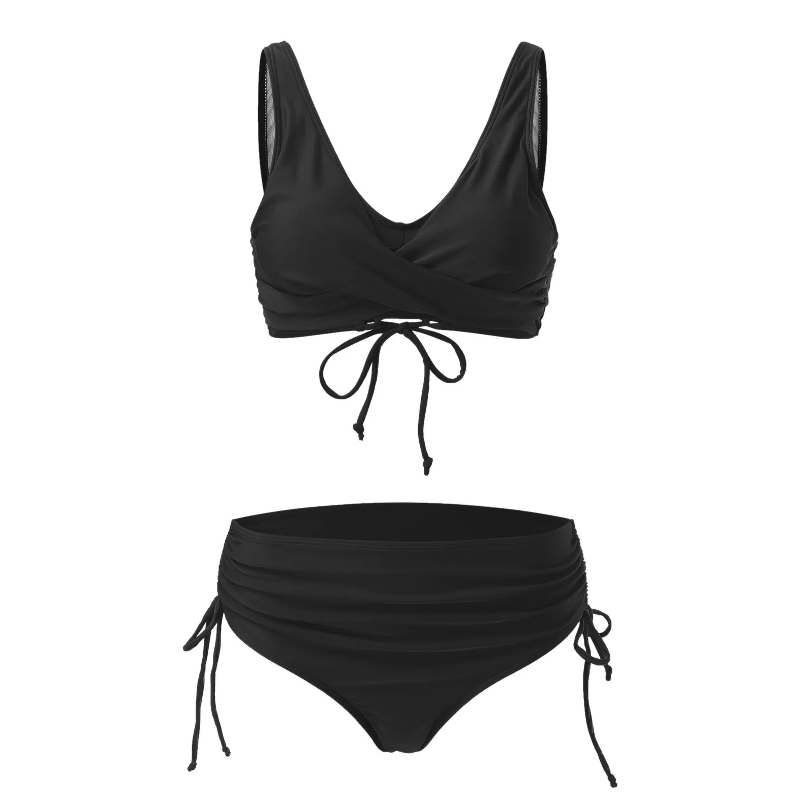 Conjunto de Bikini negro Sexy, traje de baño para mujer, traje de baño Tankini con cordón de cintura baja a la moda, traje de baño de moda para