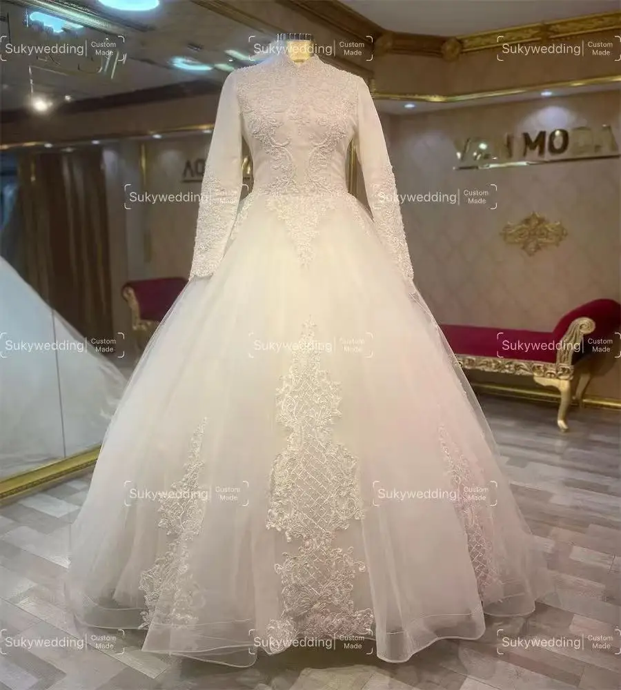 Vestidos de novia musulmanes 2025 cuello alto mangas largas apliques cuentas de encaje vestidos de novia de boda islámicos corsé personalizado