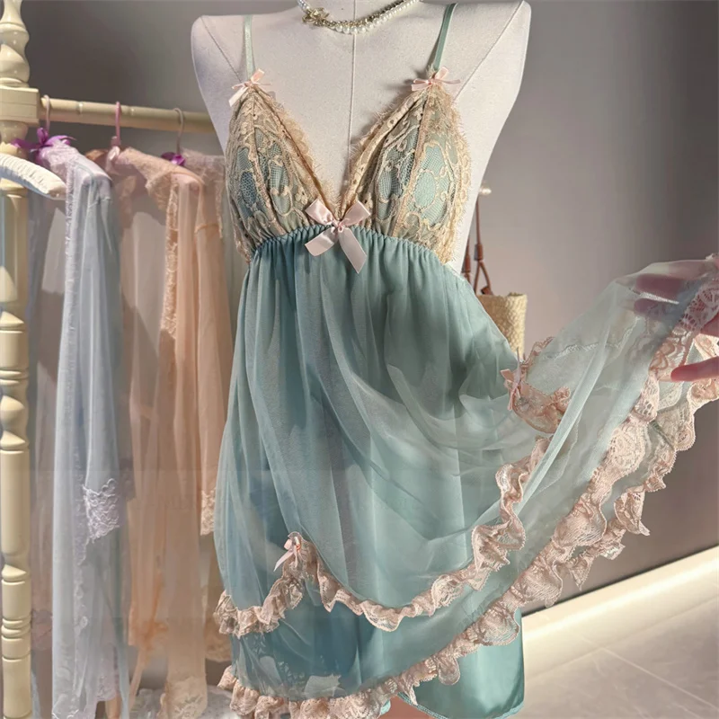 Fairy Princess Style Mesh Nightdress Sexy Home Dressing Gown Women Summer Night Wear Lace Trim Kimono Bathrobe Gown Lingerie