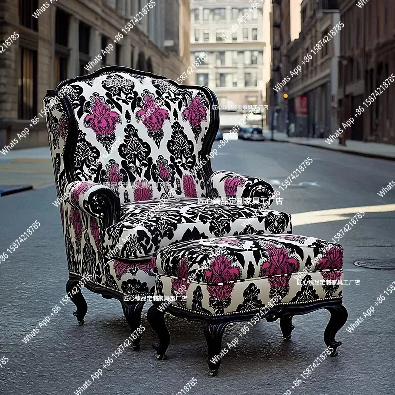 XX YX French Retro Solid Wood Sofa Chair Flannel Printed Fabric Balcony Leisure Chair Double Ears Princess Armchair