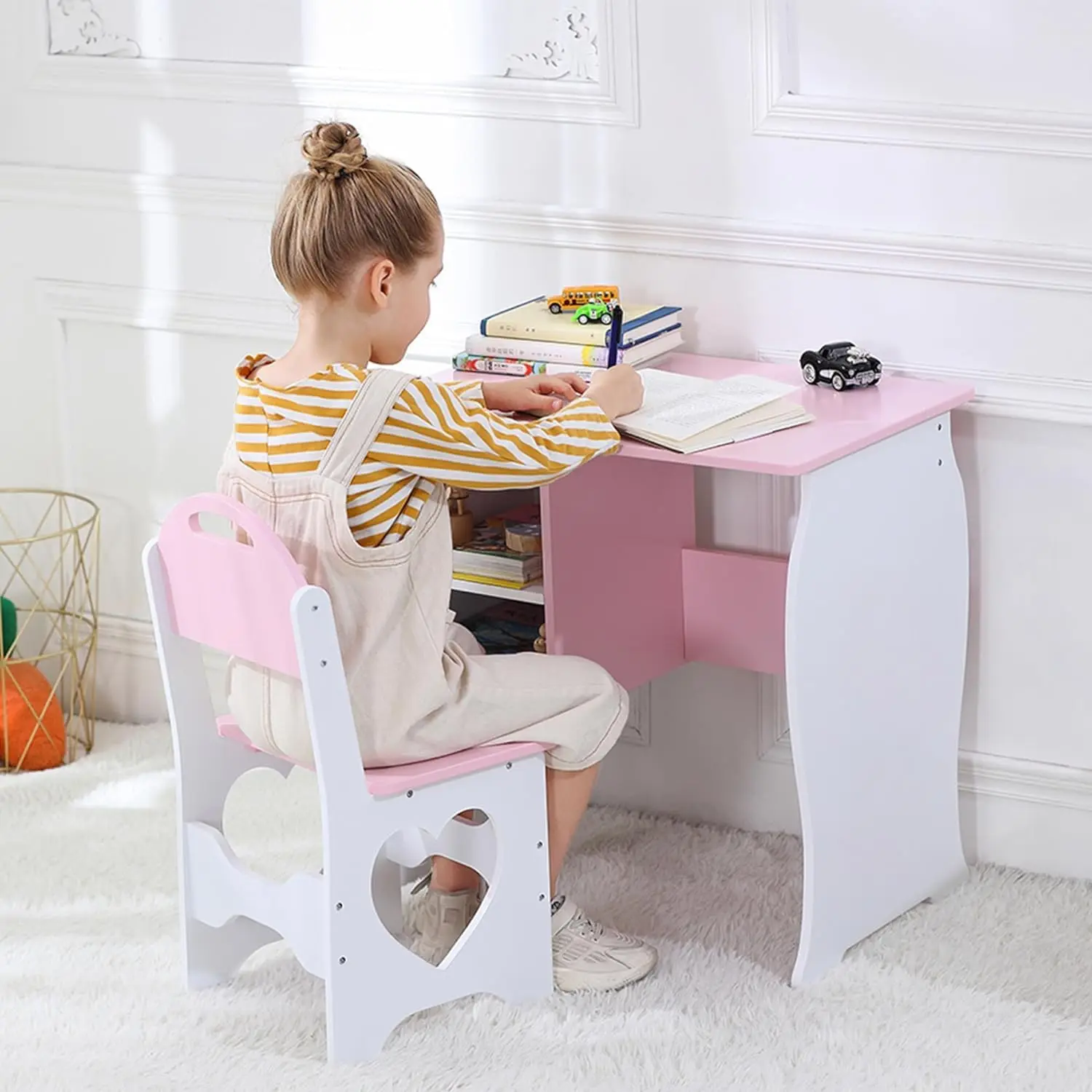 Kids Desk and Chair Set, Children Study Desk with Storage Shelf, Wooden School Study Table, Writing Table for Home School Use(Pi