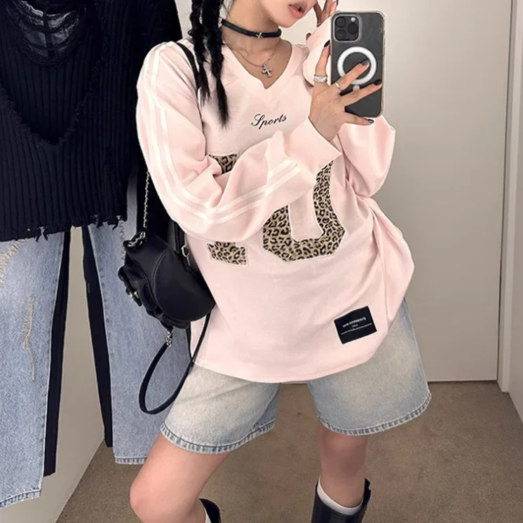 HOUZHOU Y2k Leopard Brief Drucken Hoodies Frauen Amerikanischen Harajuku Grunge Gestreiften Patchwork Rosa Oversize Amerikanischen E-mädchen 2024