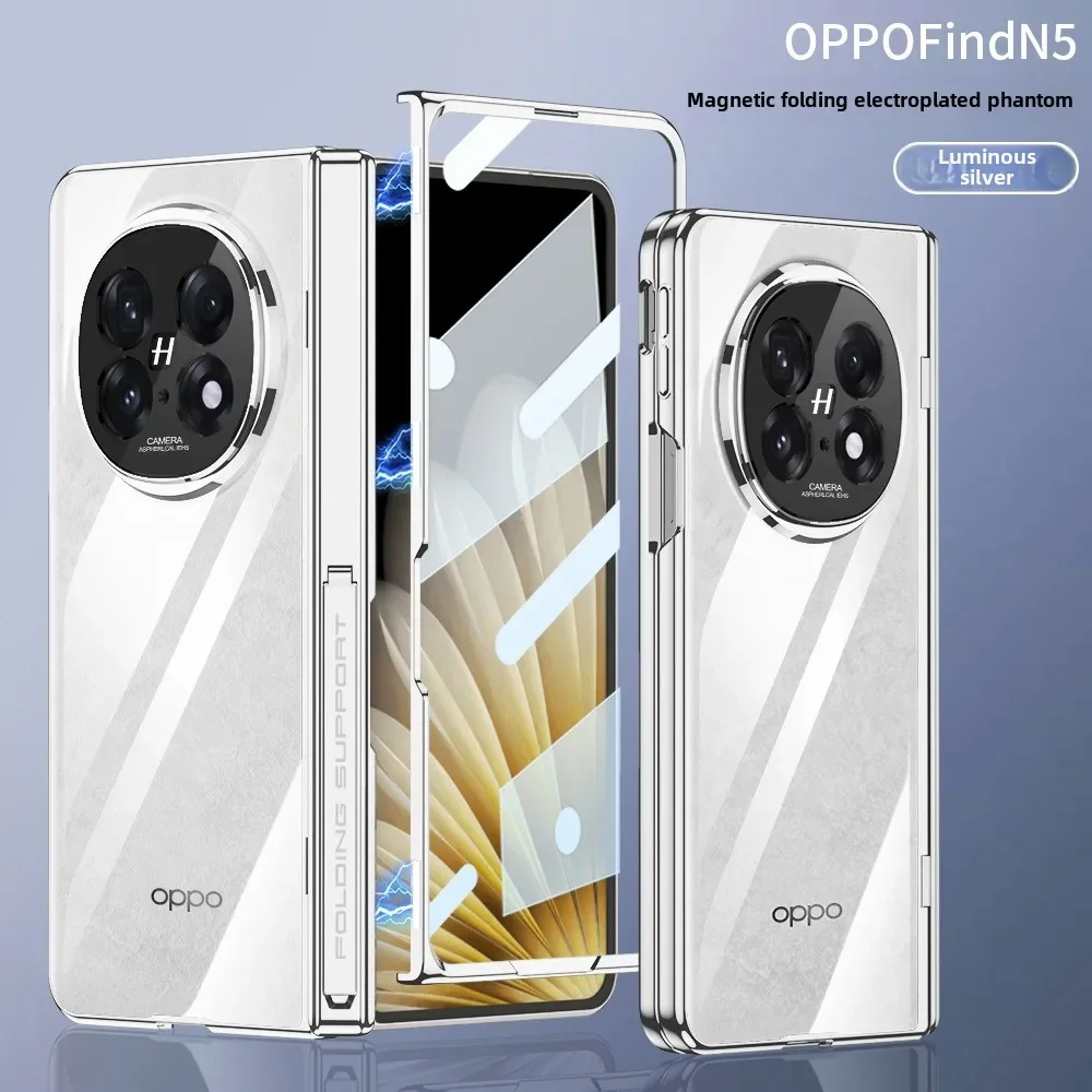 

Luxury For OPPO Find N5 Case Electroplated Transparent Magnetic Folding Hinge Bracket with Tempered Film Shockproof Hard Cover