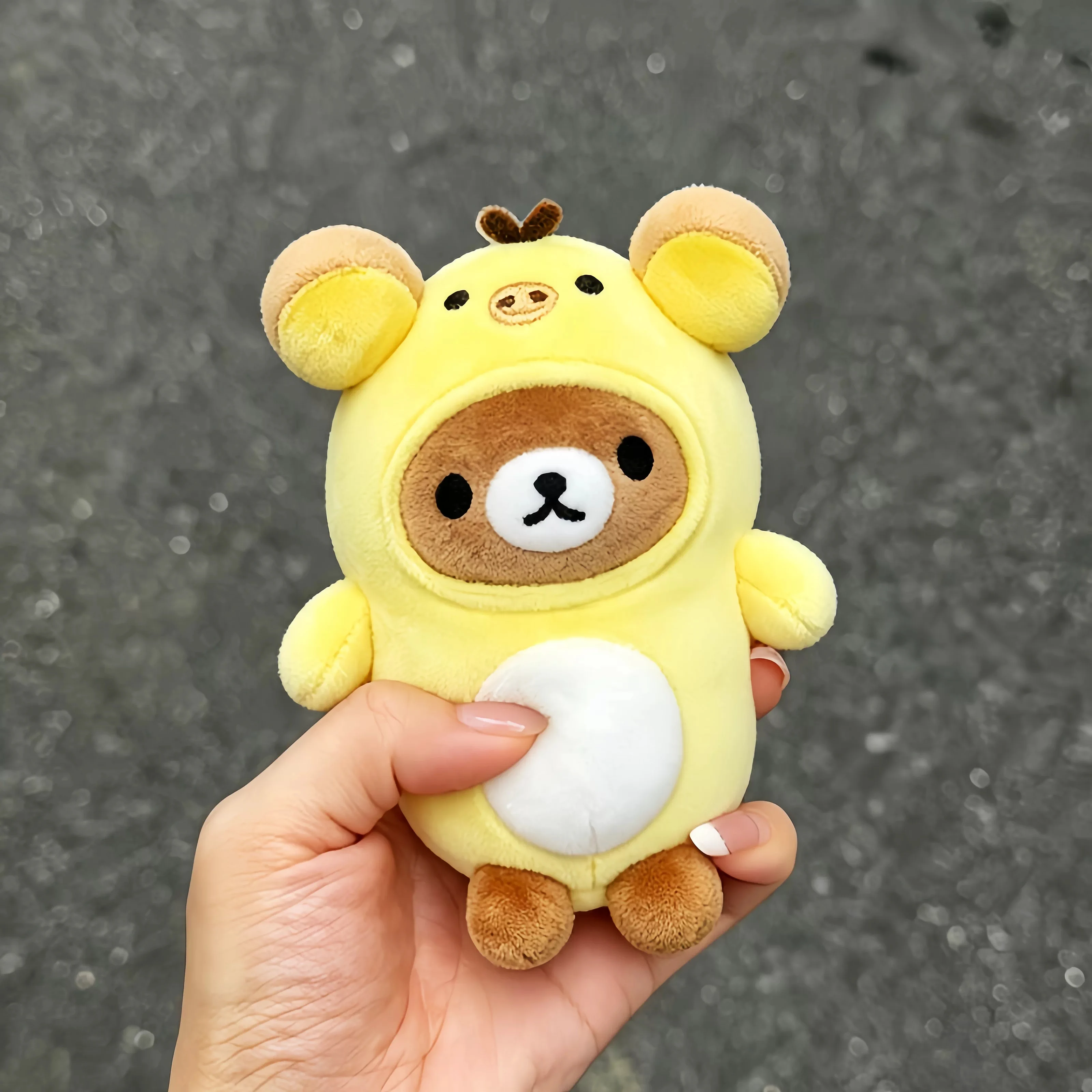Cute Rilakkuma Plush Keychain Yellow Chick Costume Bear Stuffed Doll Pendant Fluffy Animal Bag Hanging Ornament Backpack Decor