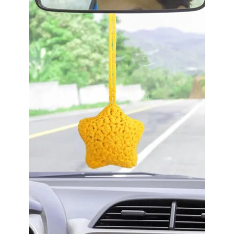 Handmade Crochet Smiley Face Stars Moon Cute Car Interior Decoration Rearview Mirror Decoration Bag Decoration Holiday Gift