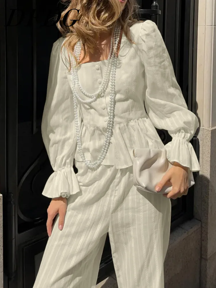 

DFDG Women 2026 Spring Two Piece Set Square Neck Puff Sleeve Ruffle Hem Top High Waist Wide Leg Pants Set Casual Loungewear Set