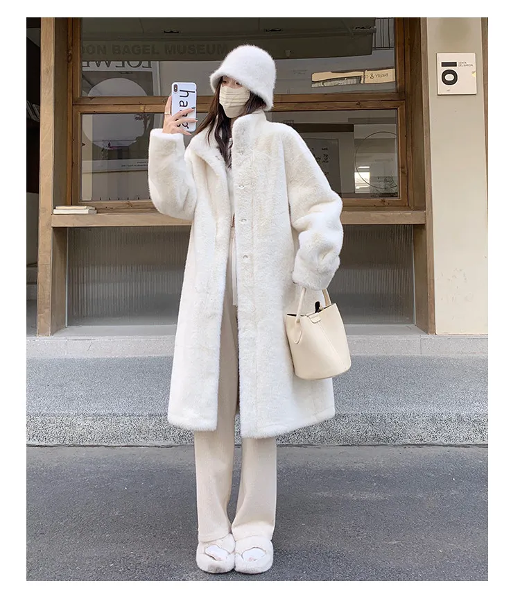 Women's Thick Faux Mink Fur Mid-length Coat Autumn Winter Fashion Stand Collar Plush Outerwear Women Elegant Warm Fluffy Jackets