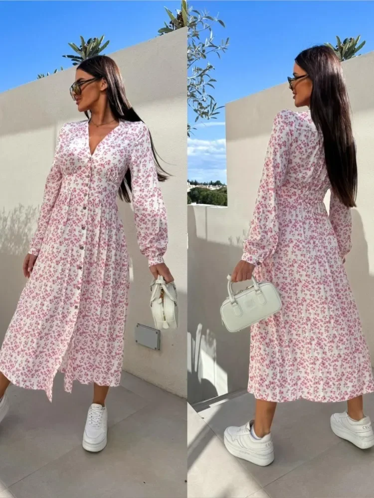 الحلو Preppy نمط الأزهار طباعة فستان طويل المرأة موضة الخامس الرقبة زر كم طويل قميص فستان الربيع فساتين الحفلات غير رسمية