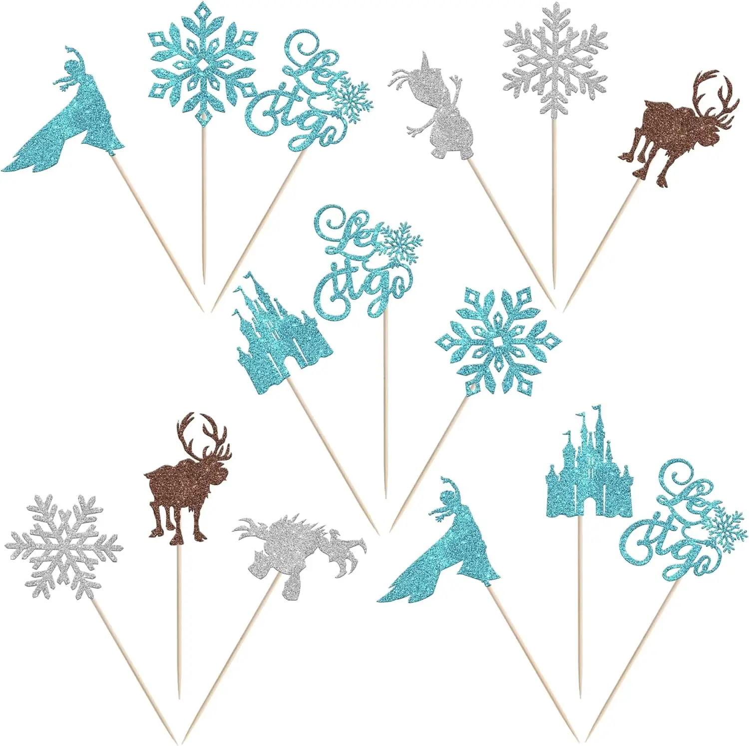 24 PCS Snowflake Cupcake Toppers Glitter Winter Frozen Theme Snowflake Castle Deer Princess Cupcake Picks for Winter Wonderland view 2