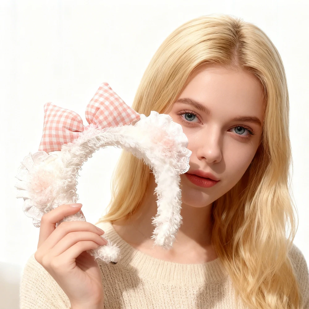 

Korean Cute Blusher Bear Ears Bow Lace Headband Sweet Girls Plush Hair Band Makeup Hair Hoop Women Kawaii Hair Accessories