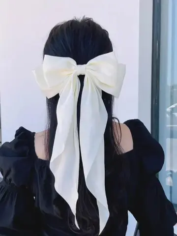 Korean Accessories Hair Clips for Women Girls Big Bowknot Solid Satin Long Ribbon Bows Spring Clamp Barette Cheveux Femme 2023