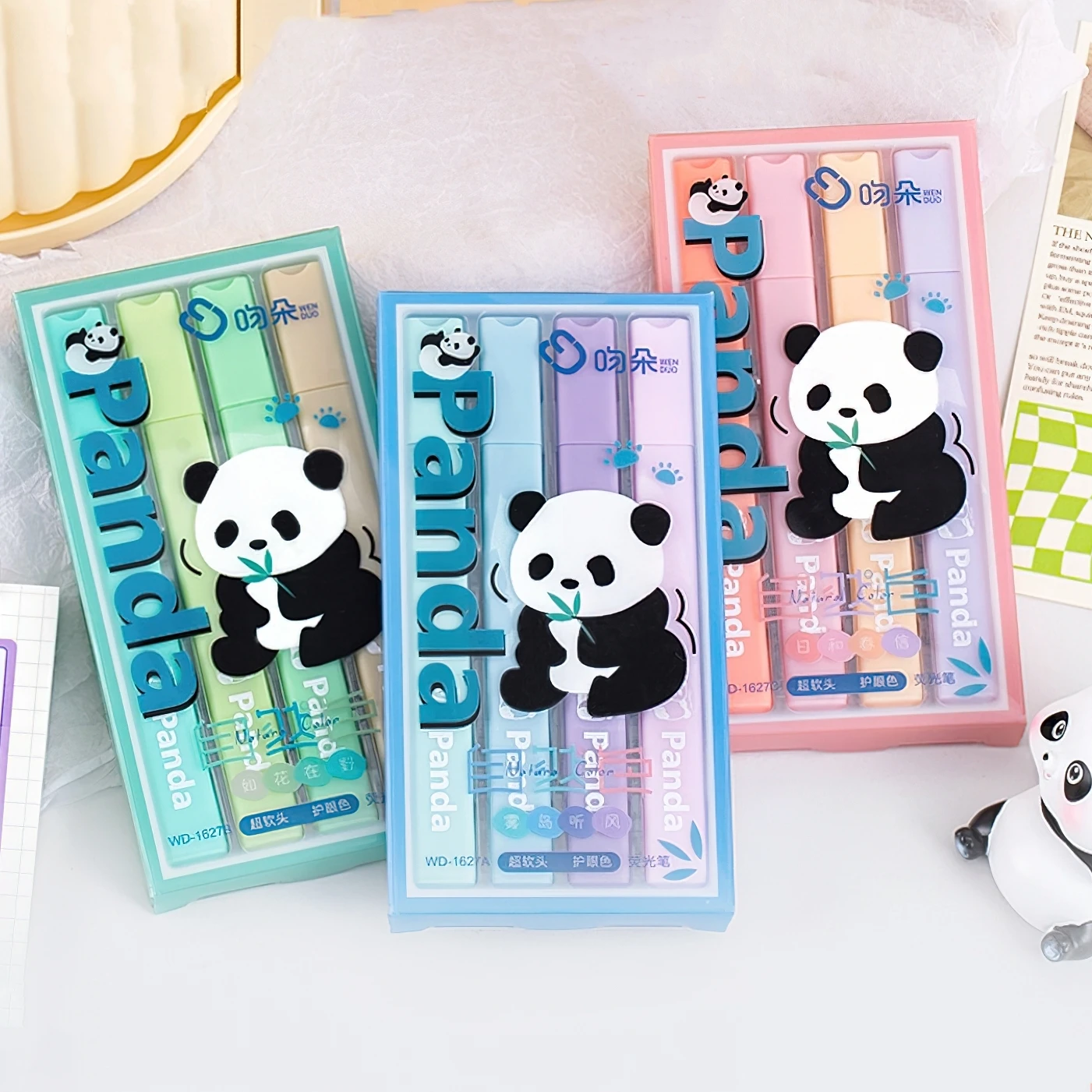 4pcs Cute Panda Mild Color Highlighter Pens Set Square Barrel Soft Head Marker Liner for Drawing Painting School A7671