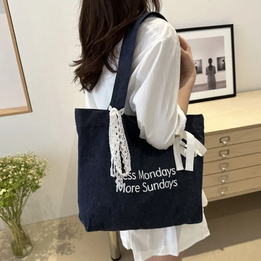 Large Capacity Denim Tote bag Multifunctional Shopping Bags Printed handbag Fashion Denim fabric Lace scarf shoulder bag