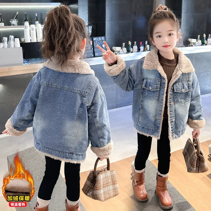 

Girl's Denim Jackets Plush Children Casual Winter Autumn Coat Long Sleeve Solid Button Slim Denim Fur Coat Kids TR379