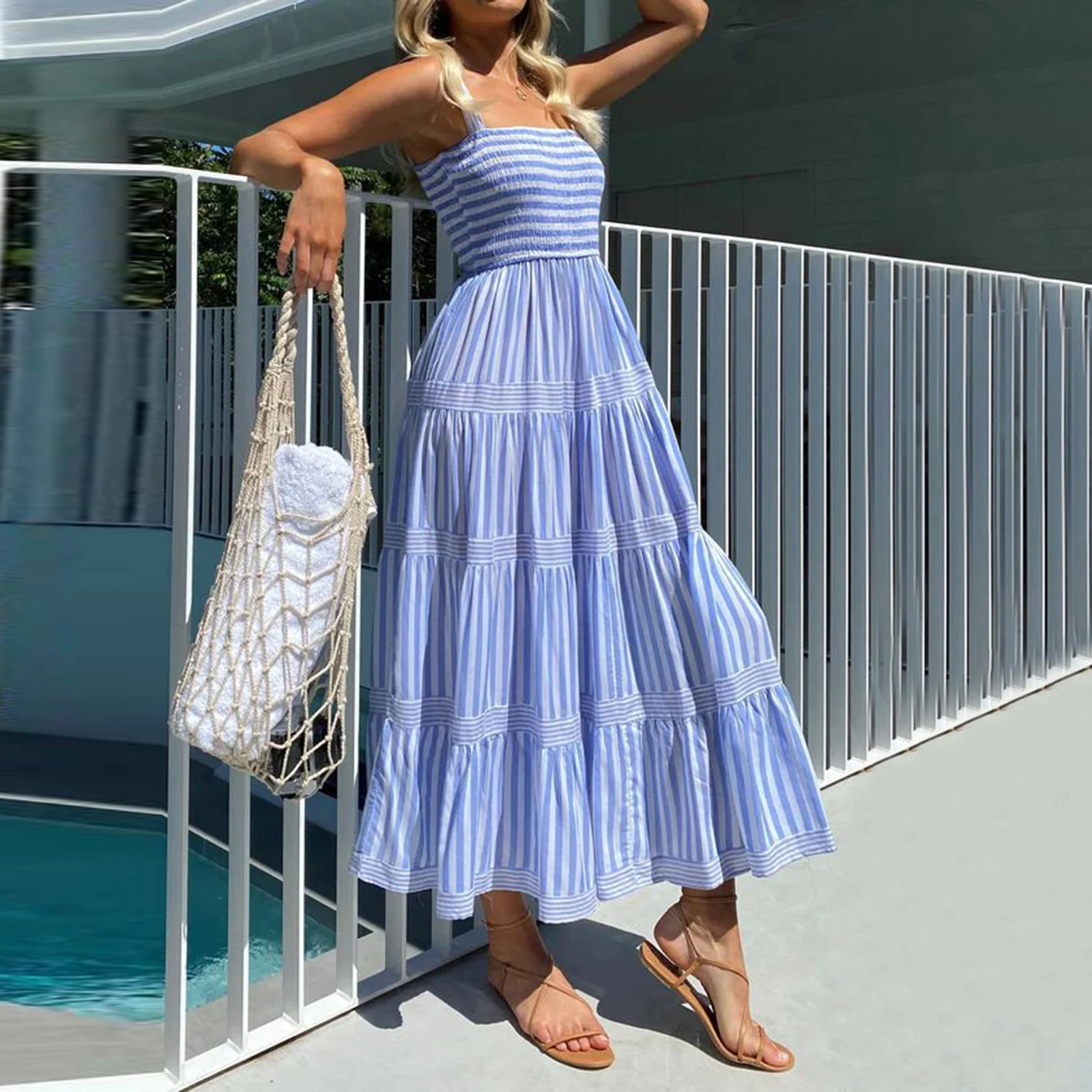 

Women Aesthetic Summer Sleeveless Dress Casual Striped Print A-Line Party Dress for Vacation Cocktail Beach Streetwear