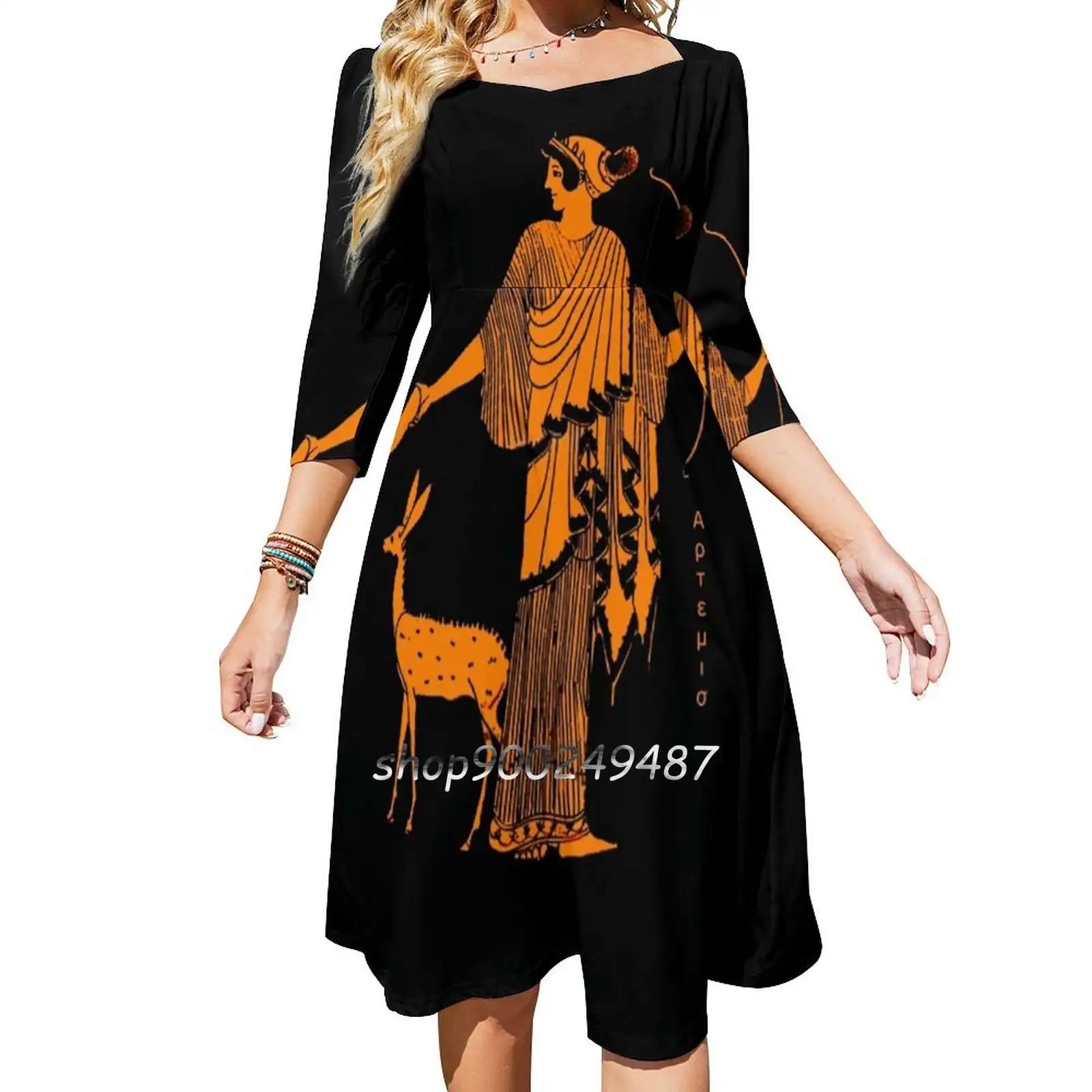 Artemis Red Figure Ancient Greek Design Sweet Elegant Dress Women Korean Kawaii Square Collar Dress Kylix Artemis Diana Bow