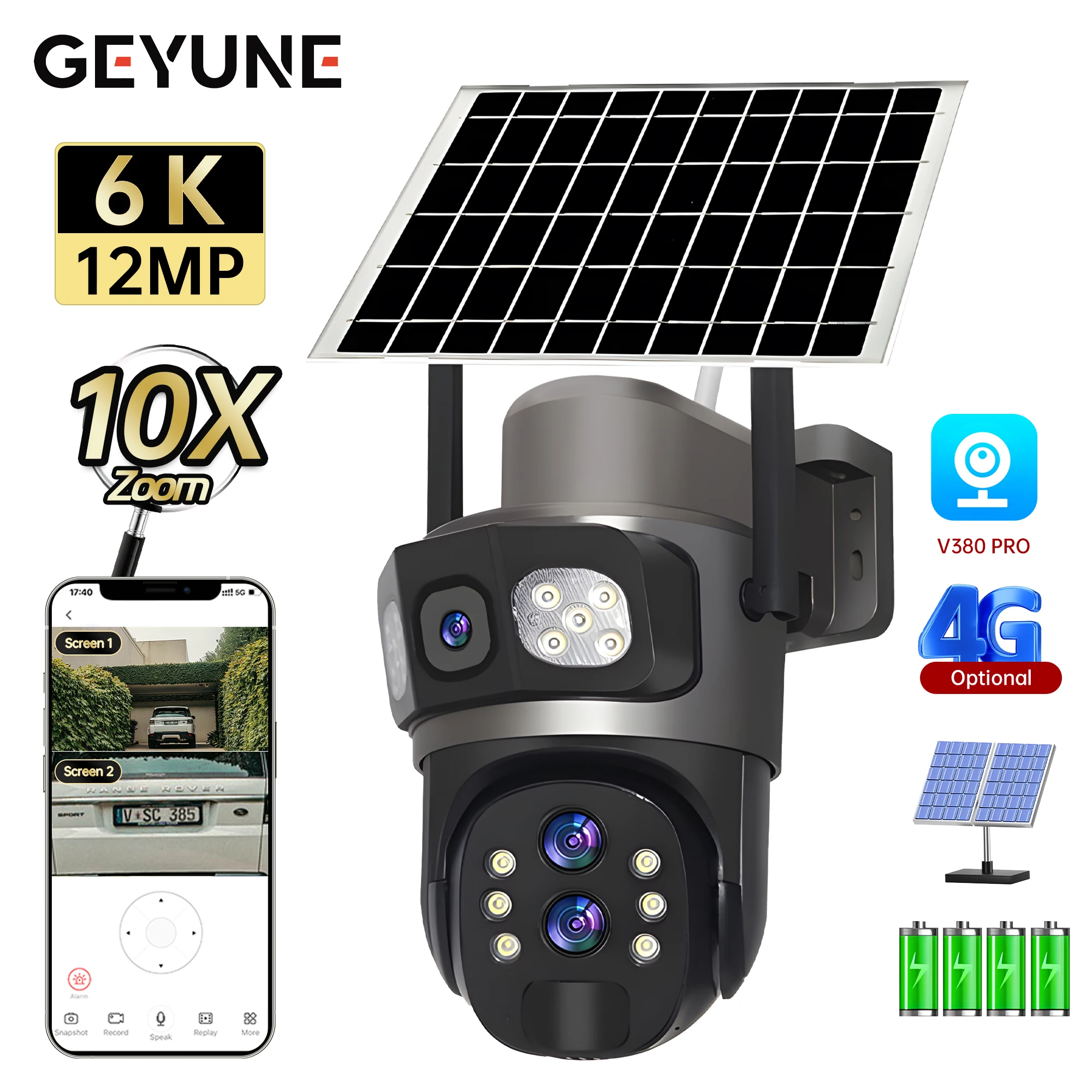 10X Zoom 4G Sim Solar Camera Outdoor 6K 12MP Three Lens Security Surveillance Camera 360 Human Auto Tracking Solar CCTV V380 Pro