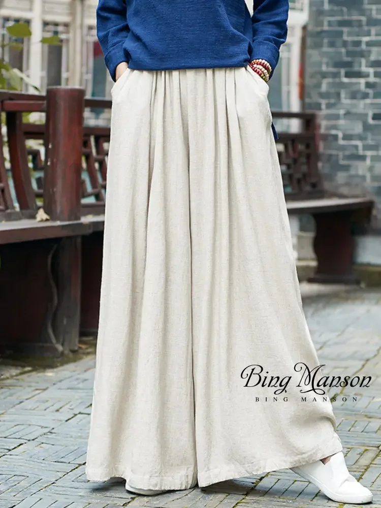 

Women's Linen Wide Leg Pants Elastic Waist 2023 Autumn Winter New Pockets Women's Clothing Loose Vintage Pants Yoga Pants