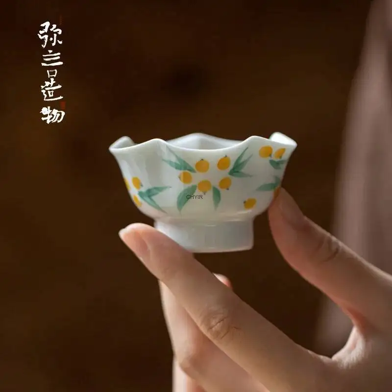 Floral Rim Tea Cup Handmade Ceramic High-footed Master Cup, Single Cup, Hand-painted Loquat Tea Cup Чайная чашка