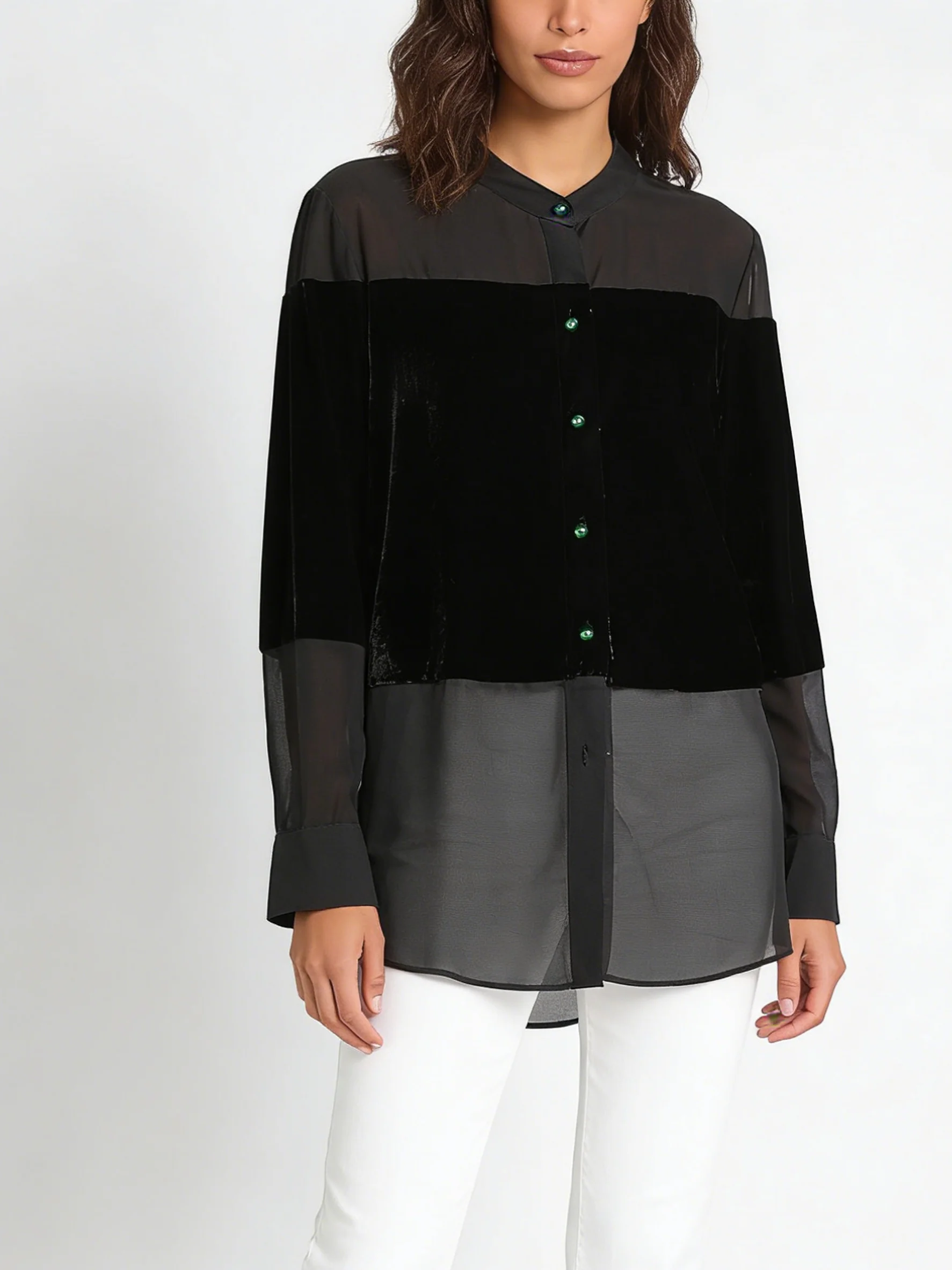 

Women's Stand Collar Long Sleeve Patchwork Blouse with Sheer Panel and Button Detail Loose Fit Casual Office Wear Eleg