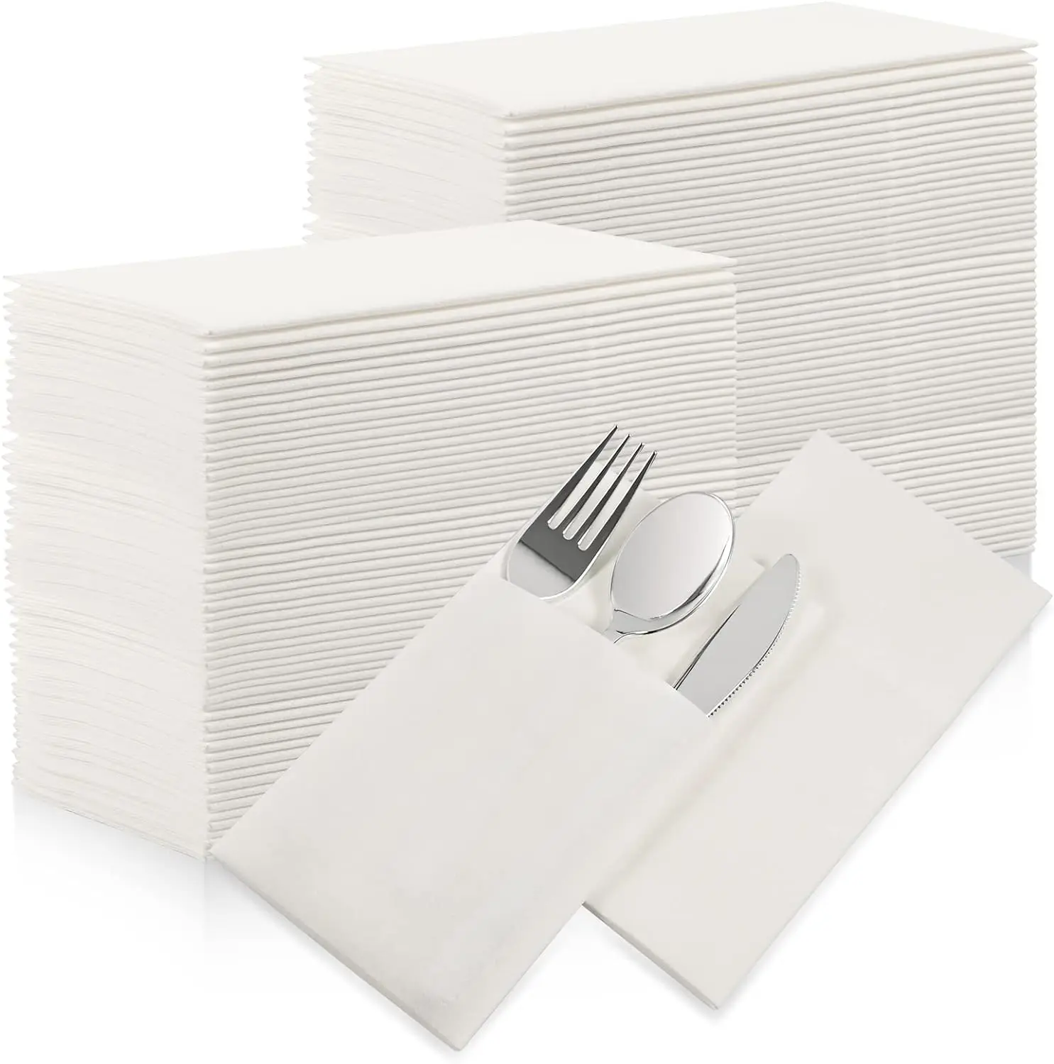 50 Stück weiße vorgefaltete Papierservietten, Einweg-Dinner-Servietten mit Leinengefühl und integrierter Bestecktasche für Abendessen, Hochzeit, Party