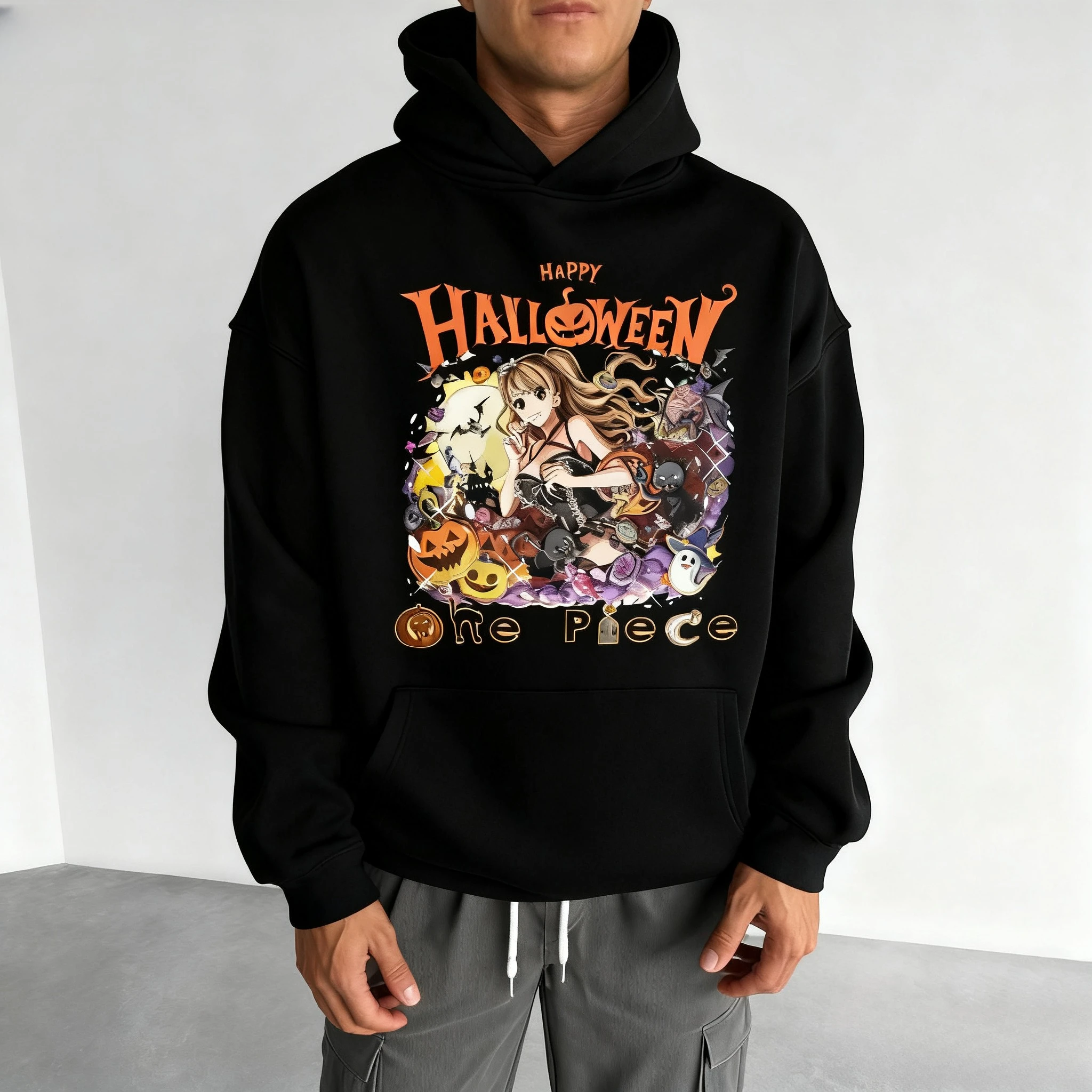 เสื้อฮู้ดอนิเมะวันพีซลายฮาโลวีนสำหรับผู้ชายและผู้หญิง เสื้อสเวตเชิ้ตพิมพ์ลายหลวมๆ ผ้าฝ้าย สไตล์สตรีทแวร์ลำลอง ใส่ได้ทั้งฤดูใบไม้ผลิและฤดูใบไม้ร่วง สไตล์ Y2k