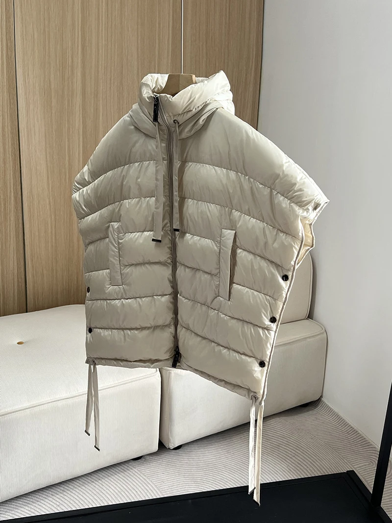 Schinteon Women 90% White Duck Down Irregular Vest with Hood Sleeveless Jacket Solid Fashionable Autumn Winter Top 2025 New