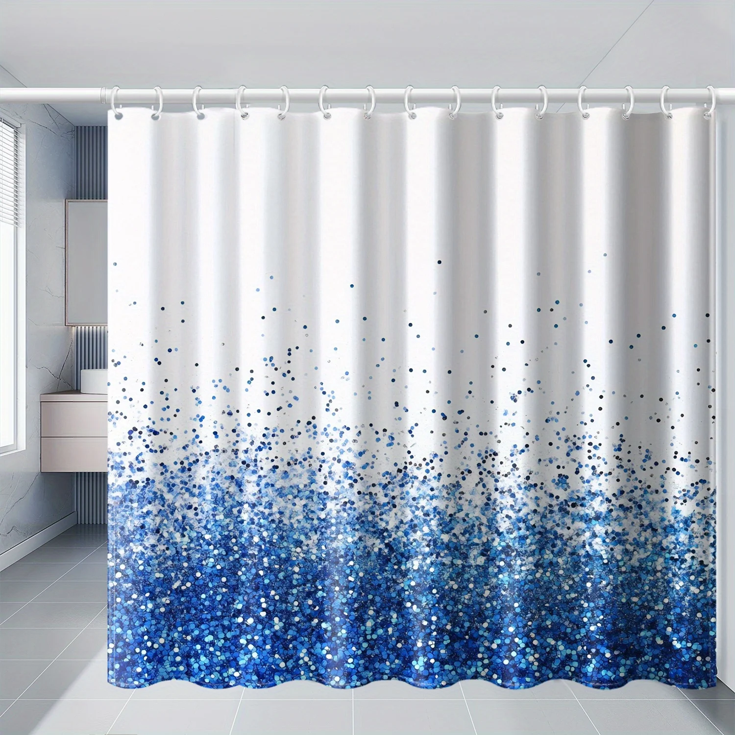 1pc Blue & White Gradient Glitter Pattern Shower Curtain - Stylish Modern Design with Plastic Grommets, Machine Washable Polyest