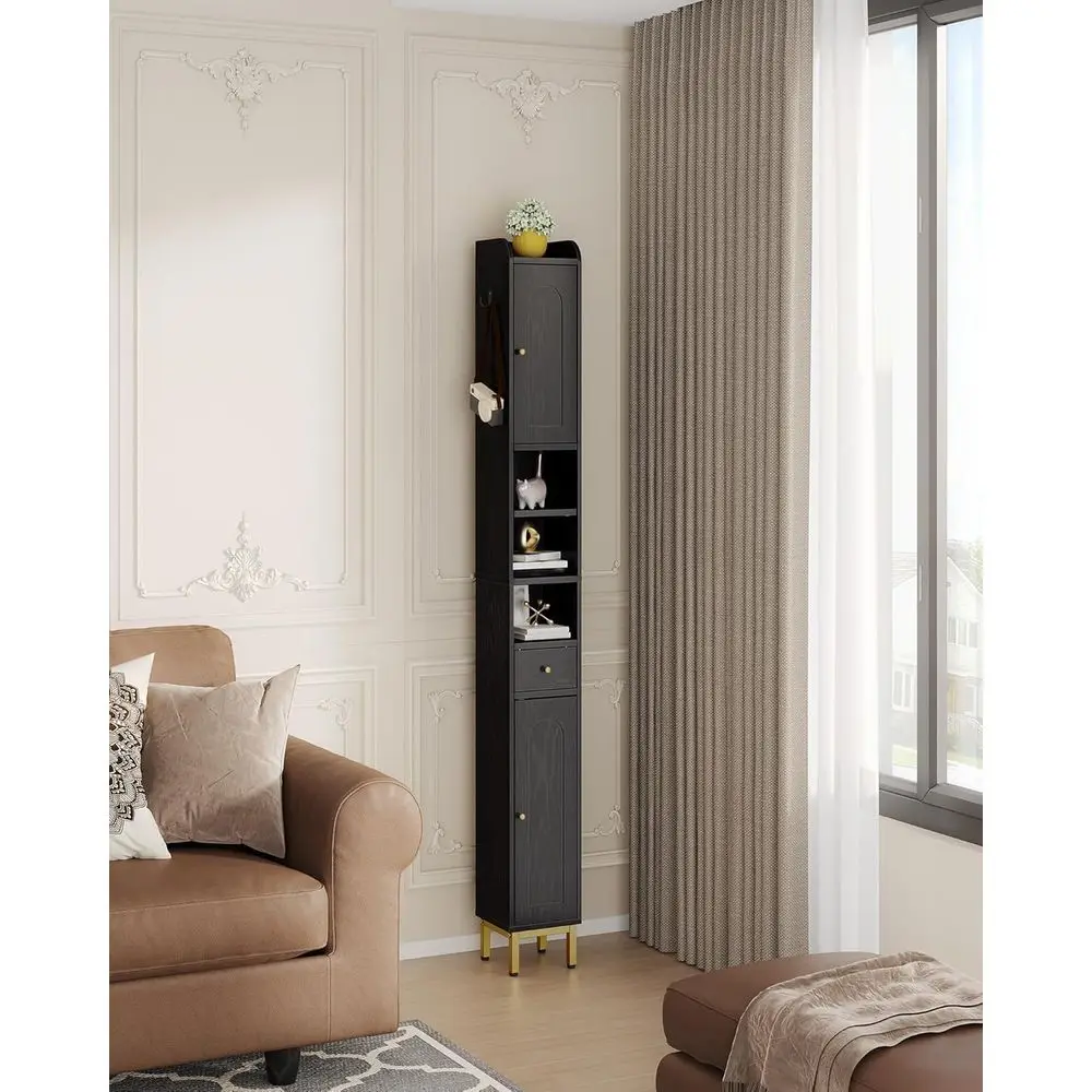 Высокий черный отдельно стоящий шкаф для ванной комнаты с регулируемыми полками, 7,9D x 7,9 Ш x 70,9H
