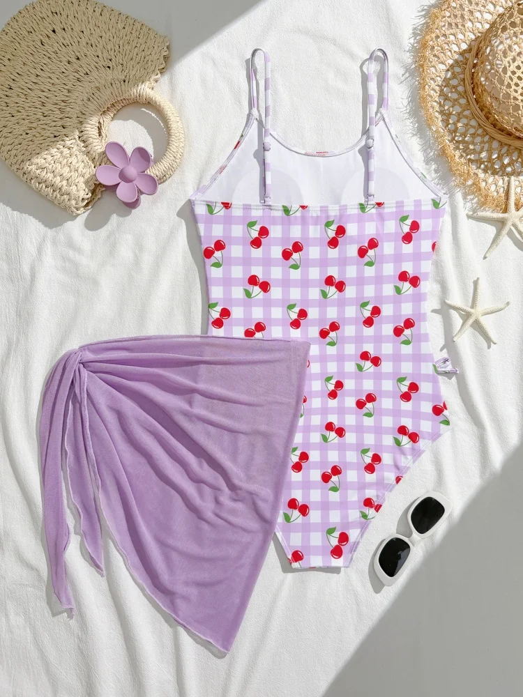 One Piece Girls Kids Swimsuit 2026 New Purple Plaid Cherry Sling Children Swimwear Summer Mesh Beach Wear Cover Up Bathing Suits