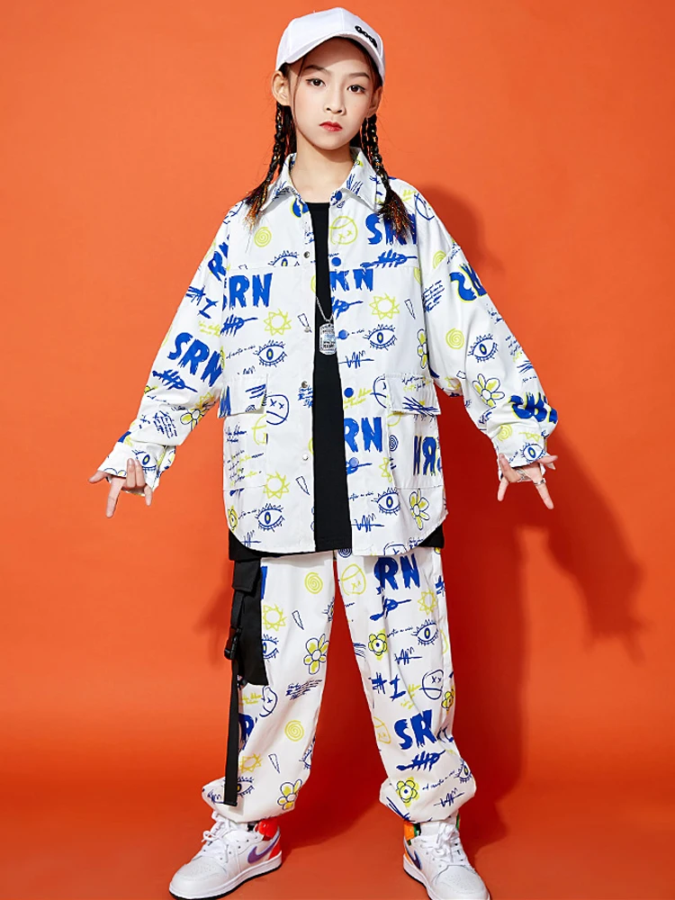 Mode Weiß Hip Hop Kostüm Für Kinder Straße Tanzen Leistung Outfit Jungen Lose Trainingsanzug Mädchen Jazz Dance Kleidung BL10035
