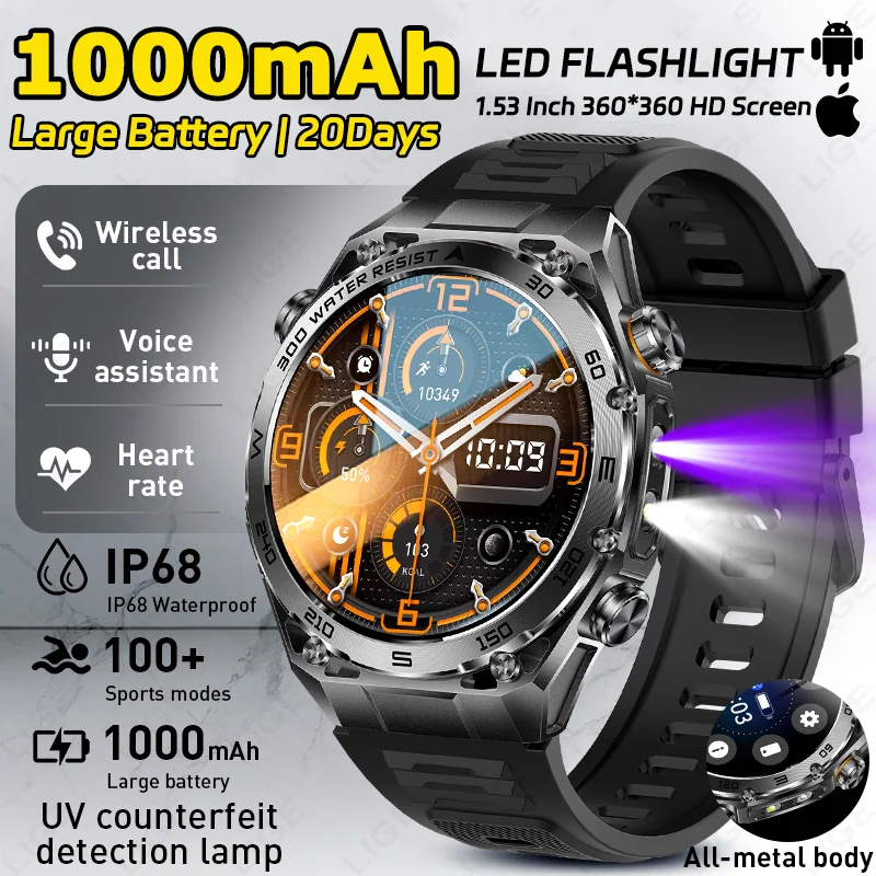 

LIGE New 1000mAh Battery Smart Watch Man Outdoor Long Standby Smartwatch Men Flashlight UV Lamp Heart Rate Sport BT Call Watch