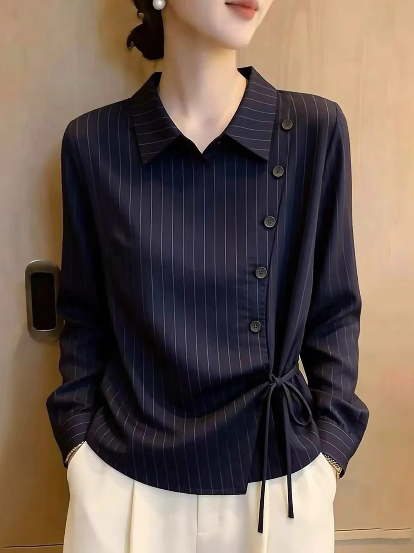 Fashionable Striped Long Sleeve Shirt Women's Autumn New Style Slimming Button Drawstring Versatile Elegant Top Trendy