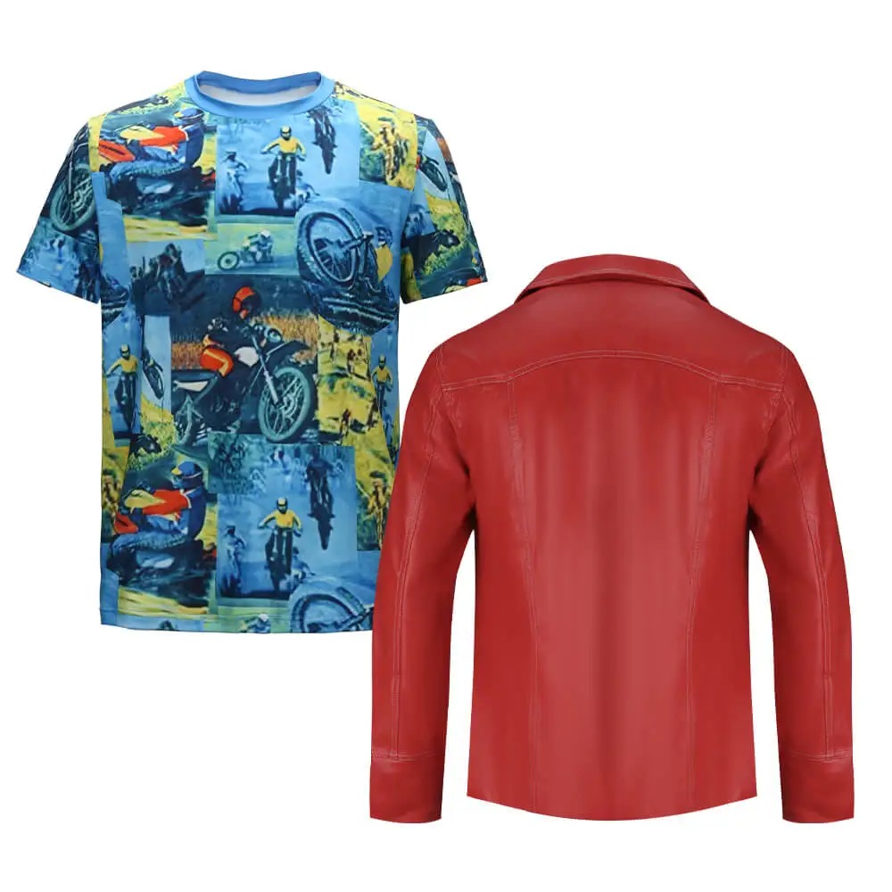 Kampf Club Tyler Durden Cosplay Kostüme auf Lager Brad Biker Lederjacke roten Mantel Hemd Brille Halloween Party Anzug