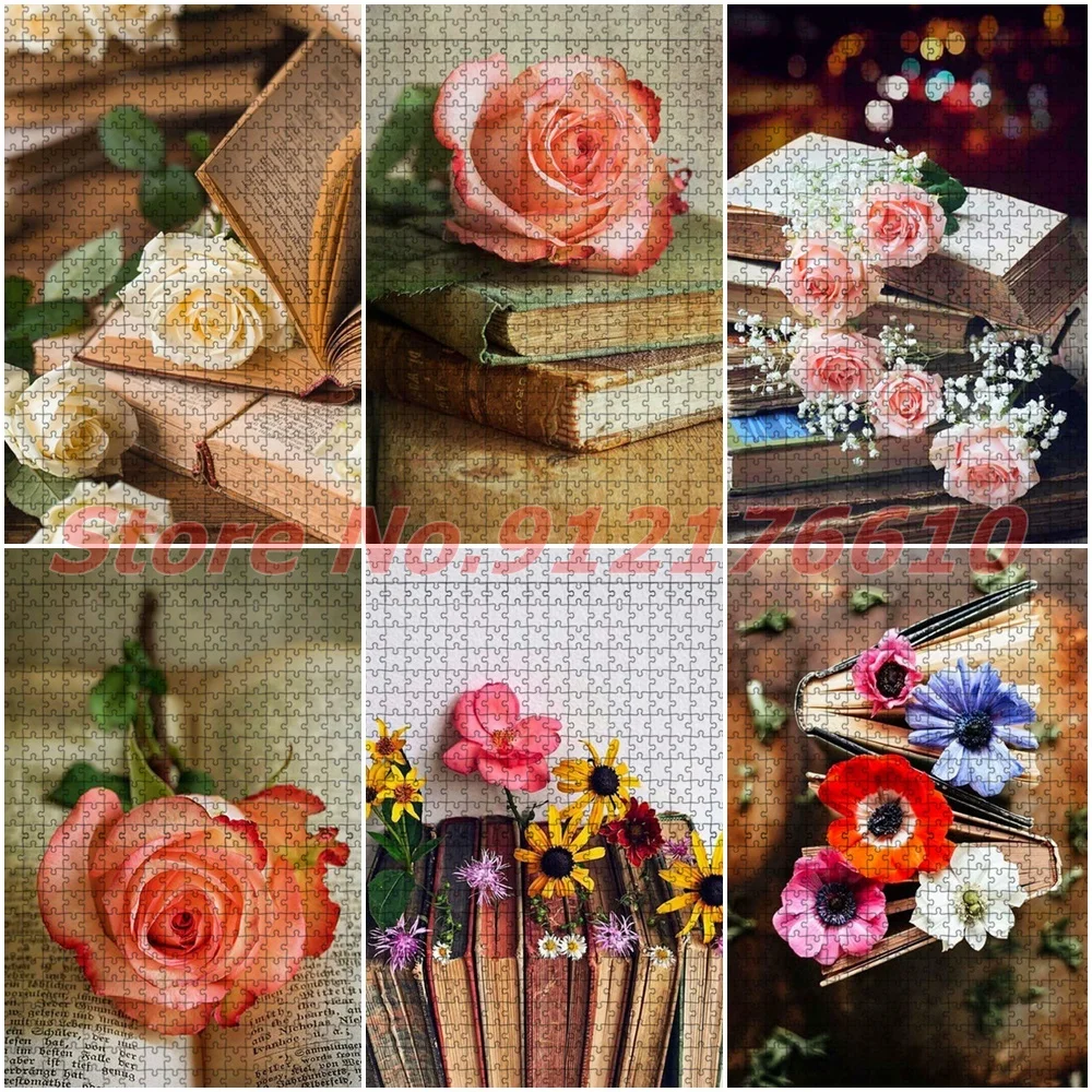 Bible Book 500 Piece Jigsaw Puzzles Peony Rose Flower Diy Nordic Style Decompress Educational Puzzles Toys for Kids Gifts