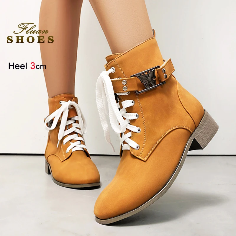 

Size 35-46 Women Casual Lace-up Short Boots 3CM Low Heel Autumn Winter Side Zipper PU Leather Outdoors Shoes Woman Ankle Booties