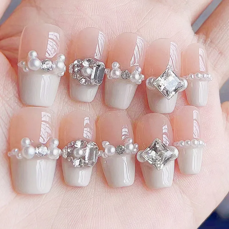 10Pcs Pink Handmade Press On Nails Glitter French Fake Nails Full Cover 3D Diamond Pearl Design Wearable Nail Tips Art