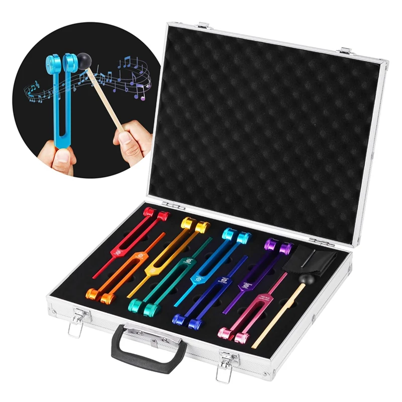 8PCS Box Medical 8 Chakras Tuning Fork Body Spiritual Heart Massage Set for Sound Healing Vibration Therapy with Mallet Hammer
