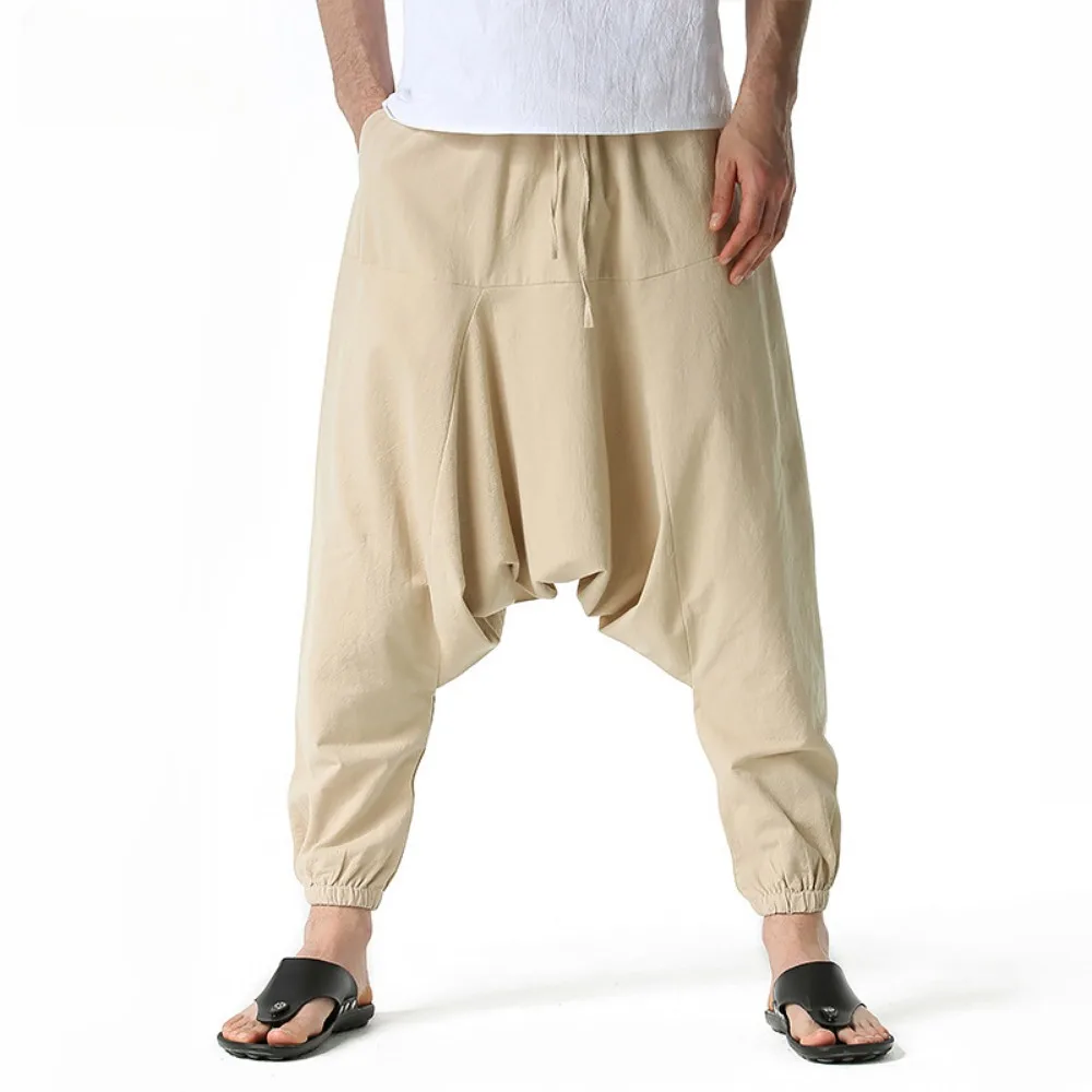 Men Cotton and Linen Pants Harem Pants Baggy Casual Oversize Loose Joggers Wide Leg Pants Yoga Drop Crotch Trousers Hip Hop