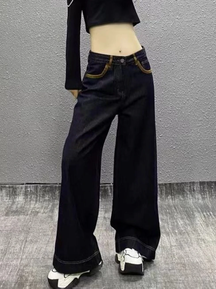 

Персонализированные цветные блокированные карманные дизайнерские потертые джинсовые брюки женские осенние свободные брюки с высокой талией универсальные прямые брюки