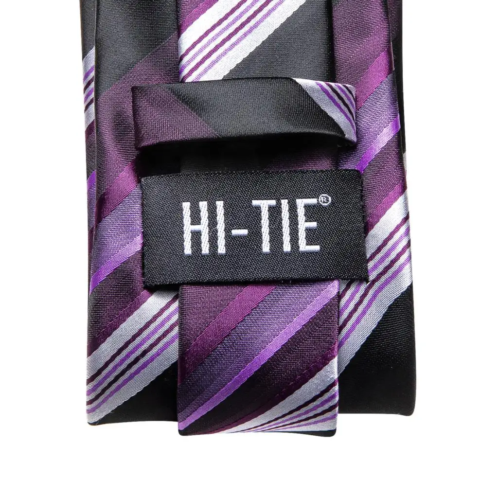 Purple Black Striped Silk Wedding Tie For Men Handky Cufflink Necktie Fashion Business Party Dropshiping Hi-Tie Designer