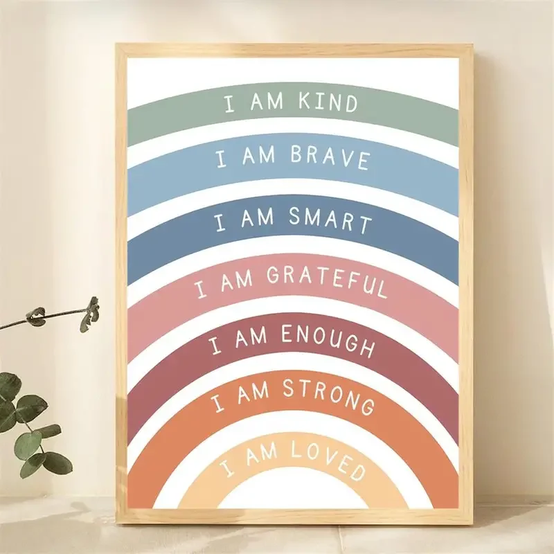 Affiche en toile imprimée avec des affirmations pour enfants, décoration murale pour salle de jeux, salle de classe, impression d'affirmations arc-en-ciel, style Boho, sans cadre, 1 pièce