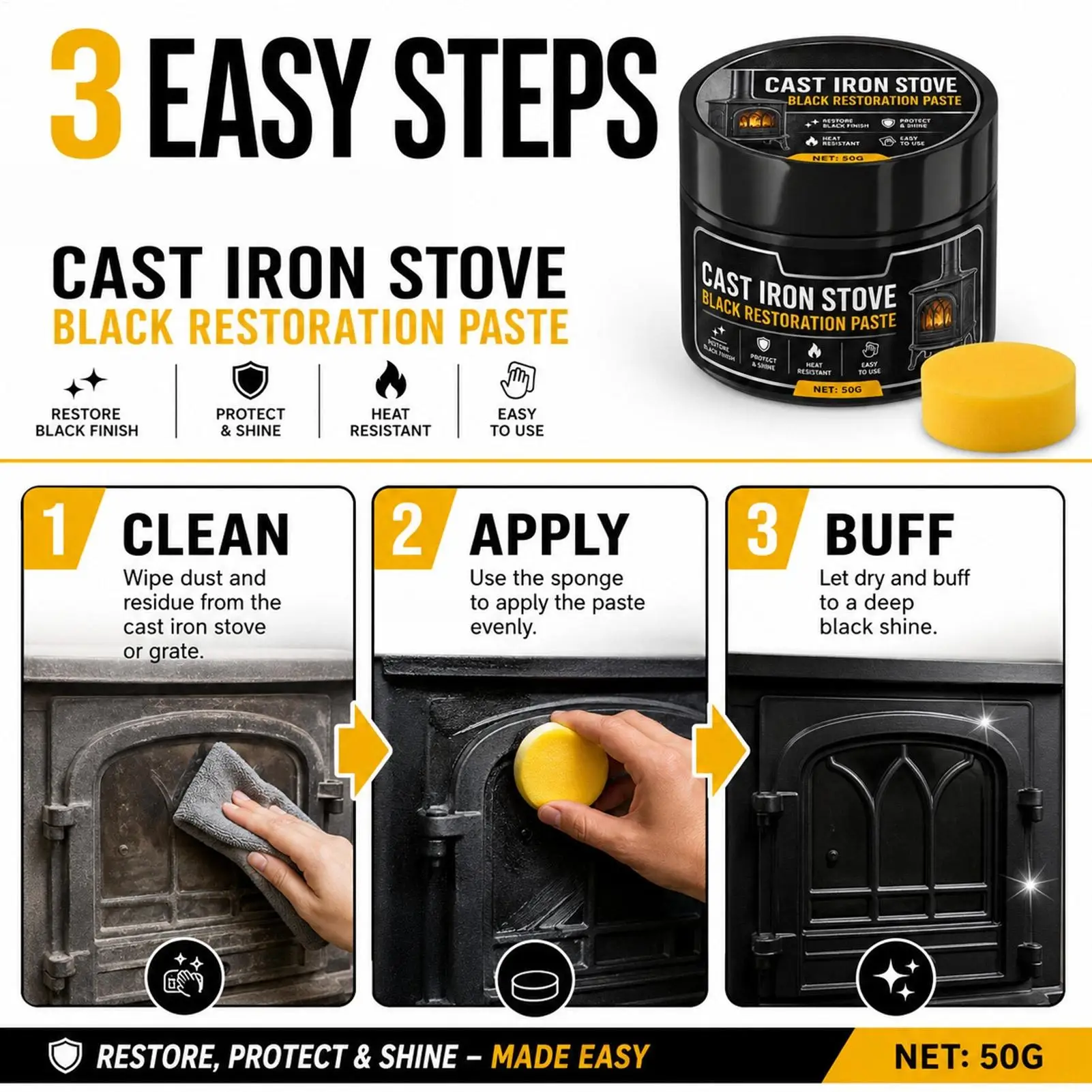 black Stove Polish Cream 50g Kitchen Cast Iron Fireplace Grate Cleaning Care Refurbishing Cleaner Polish Paste For Cooktop