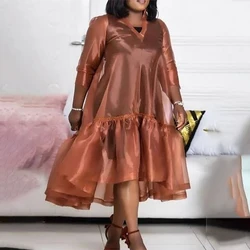 Plus Size Semi Formal Midi Dresses Casual Brown Fall Winter V Neck 3/4 Sleeve Flounce Organza Midi Dresses